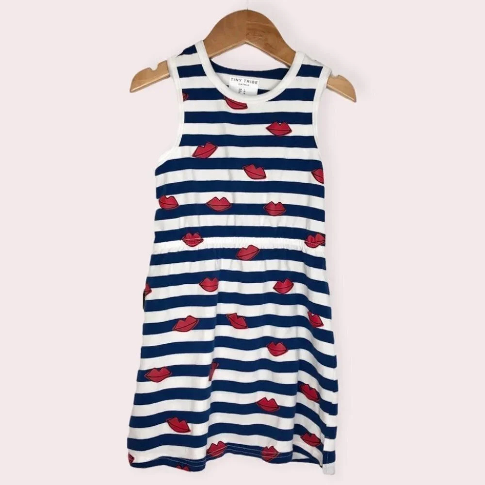 Tiny‎ Tribe dress sleeveless blue and white stripe w/ lips size 4T